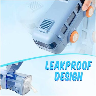 Blue bus shaped water bottle for kids with a leakproof design, ideal for school and outdoor activities.