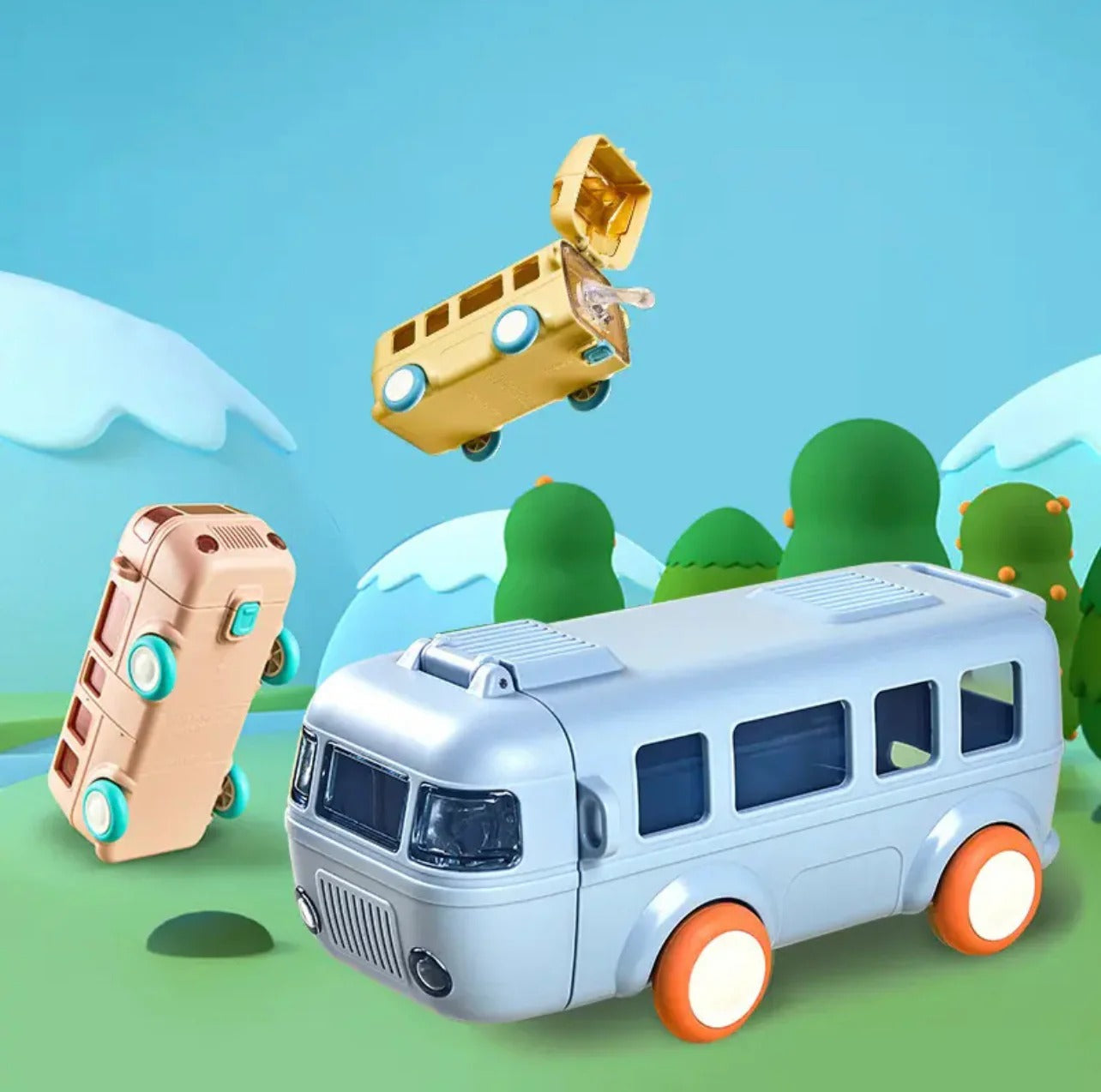 Bus shaped water bottle for kids in blue and gold, great for hydration during outdoor playtime