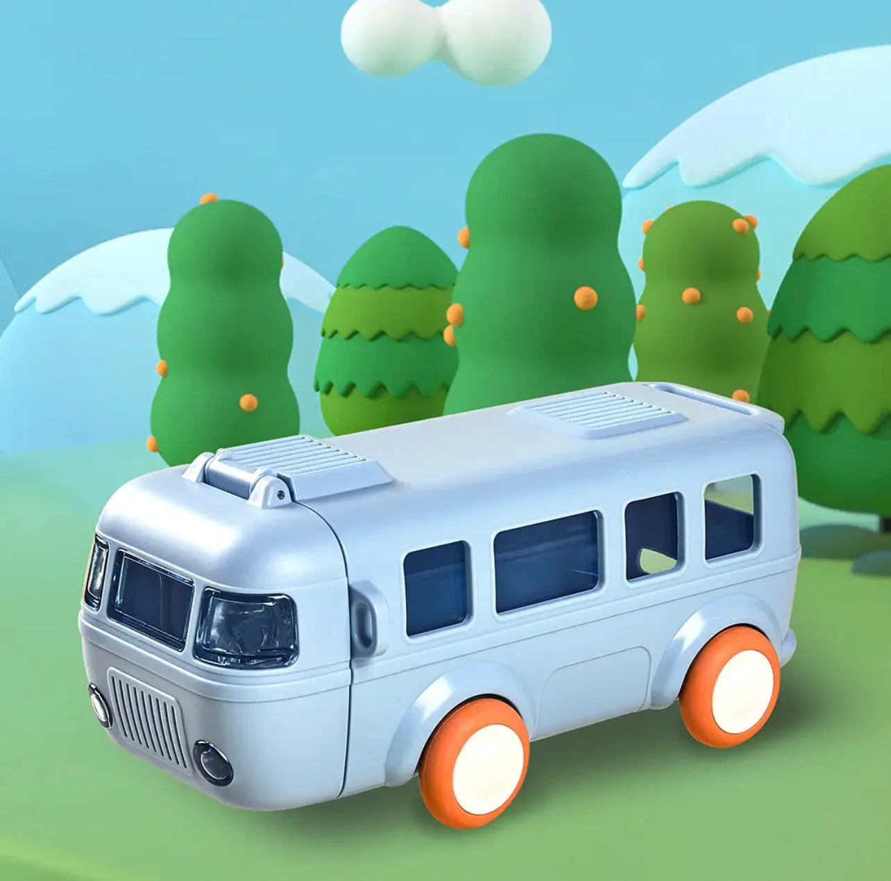 Bus shaped water bottle for kids in silver with orange wheels, perfect for outdoor play and hydration