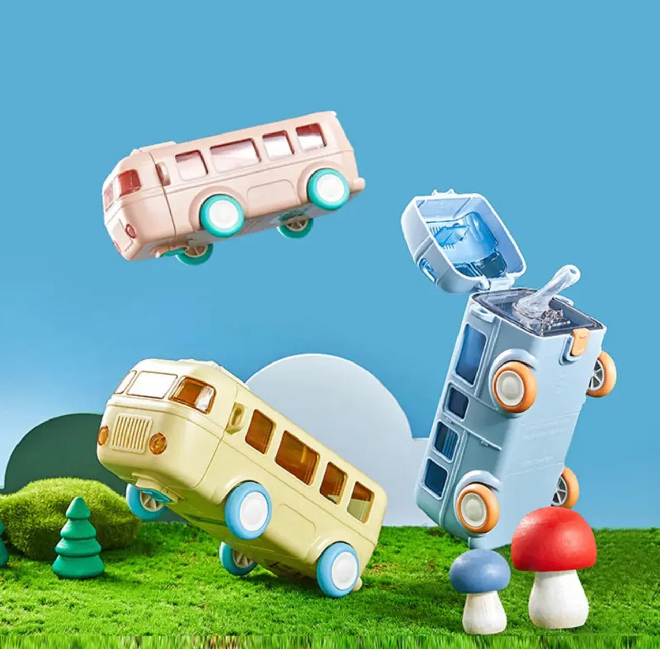 Bus shaped water bottle for kids in pastel colors, perfect for outdoor activities and play dates