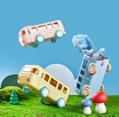 Bus shaped water bottle for kids in pastel colors, perfect for outdoor activities and play dates