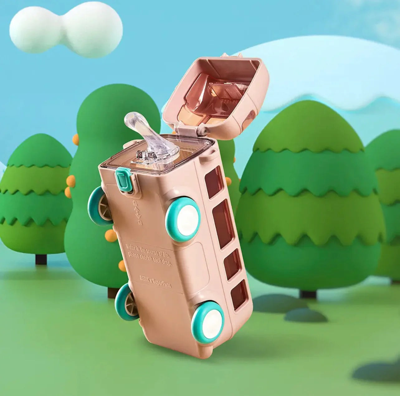 NIYO TOYS bus shaped water bottle for kids in beige, perfect for school or outdoor activities