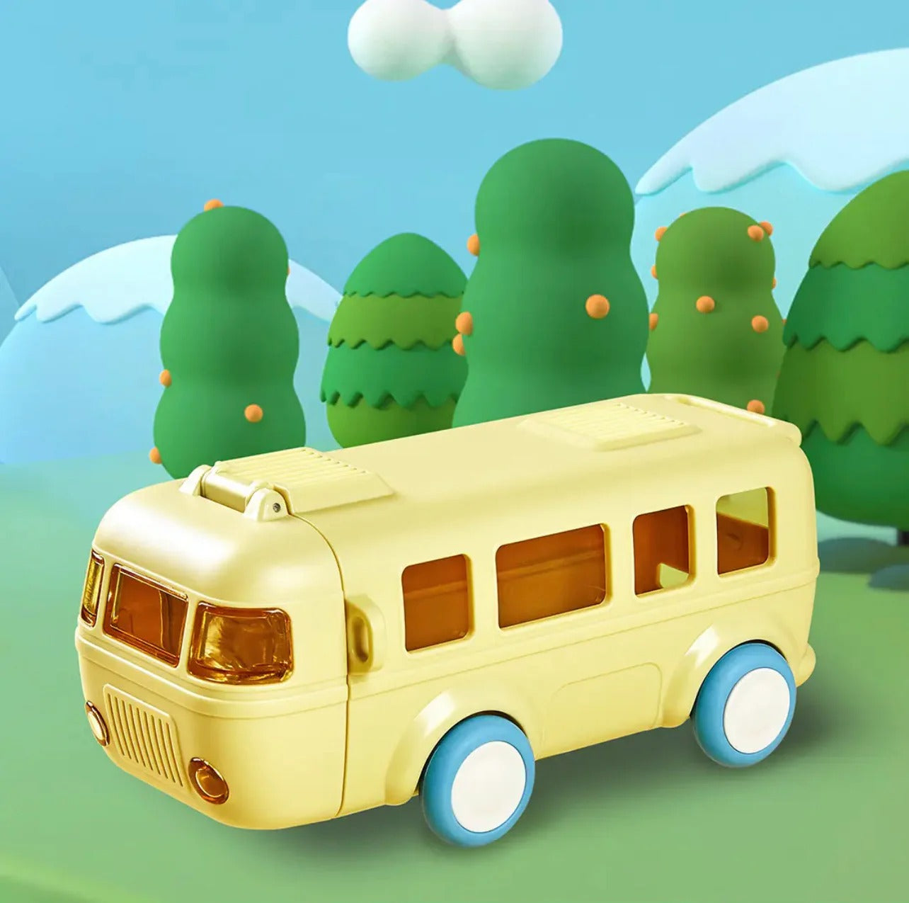 Yellow bus shaped water bottle for kids, perfect for hydration during outdoor play and age 3+