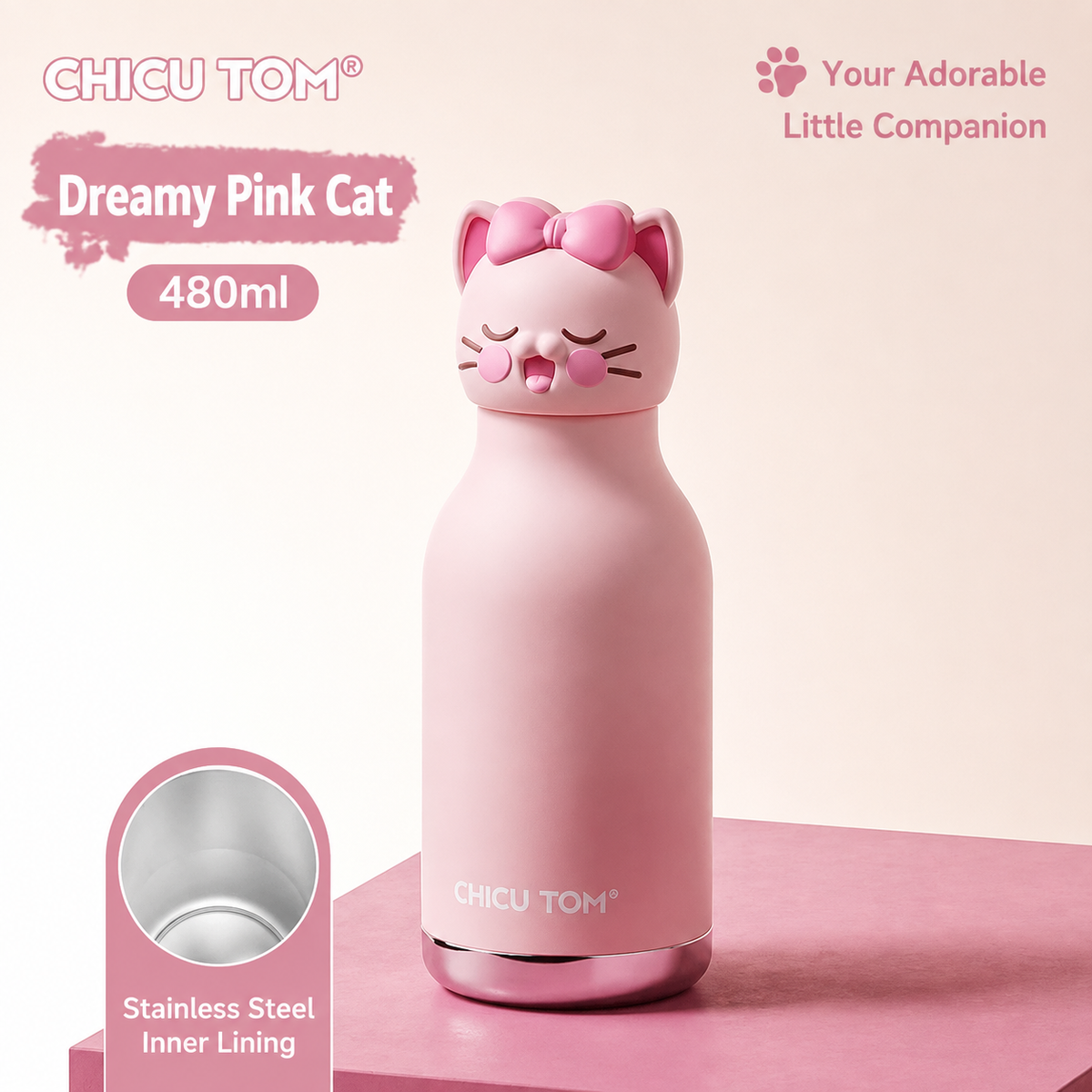 Kawaii Animal Insulated Water Bottle – 480ml | Cute Kids School Sipper