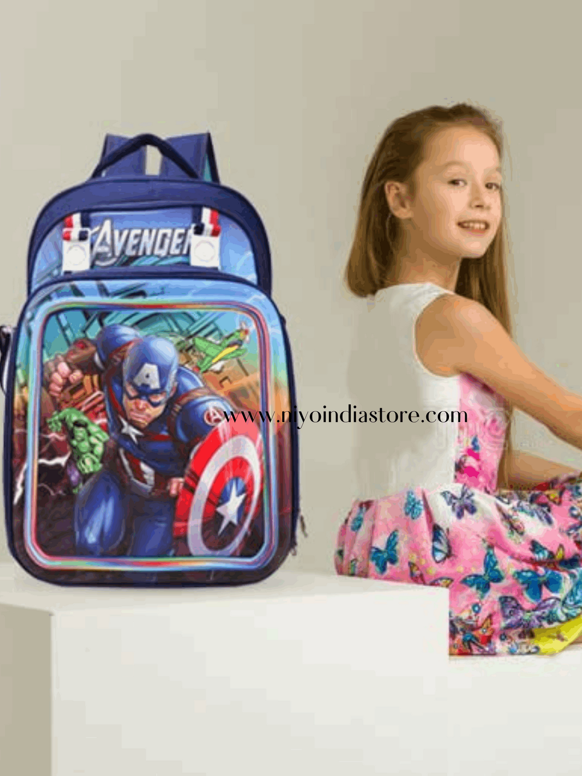NIYO TOYS Captain America school bag in blue, perfect for kids age 5+, featuring Avengers designs