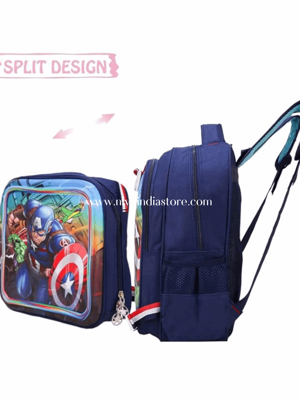 Niyo Toys Captain America school bag, blue split design, suitable for ages 3+, ideal for school use.