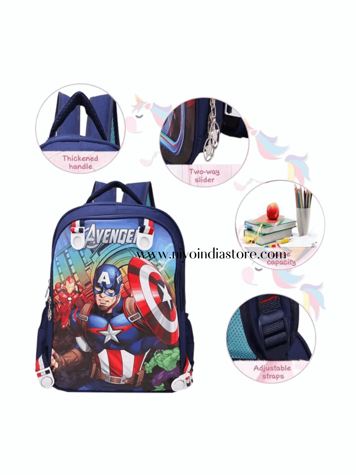 Blue NIYO TOYS school bag featuring Captain America: The Captain, adjustable straps for kids age 6+