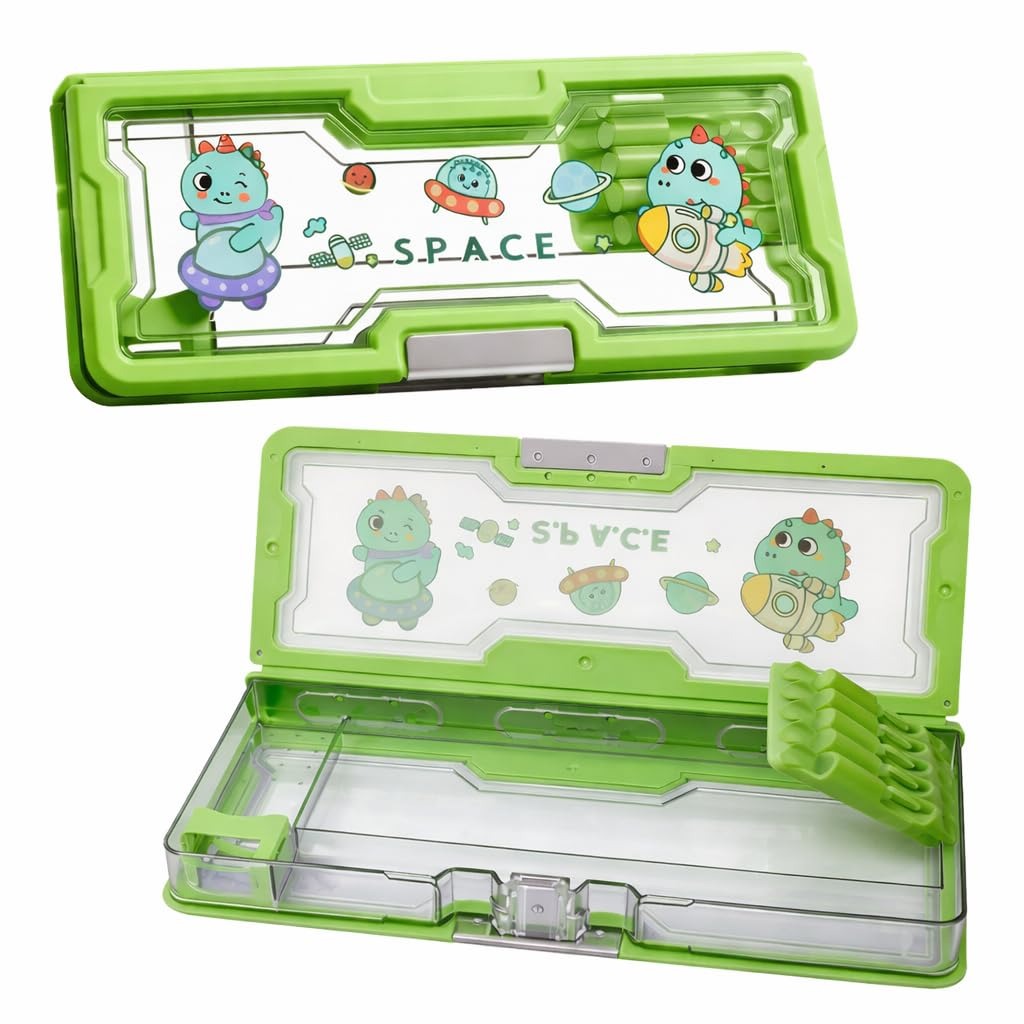 Green space-themed pencil case for kids, age 5+, perfect for storing school supplies