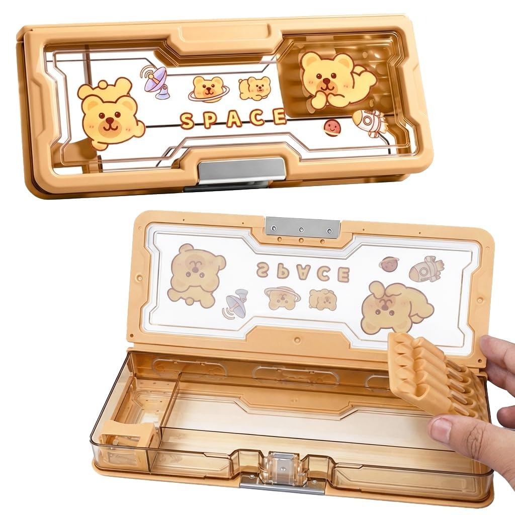 Orange NIYO TOYS pencil case for kids with cute bear designs, perfect for school supplies and ages 3+