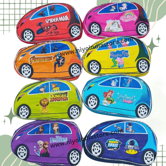 Colorful car shape sling bags for kids featuring popular cartoon characters like Spiderman and Peppa Pig