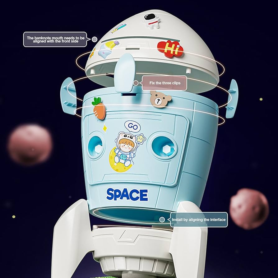 NIYO TOYS cardboard spaceship DIY piggy bank in blue for ages 3+ with fun clips and interactive design
