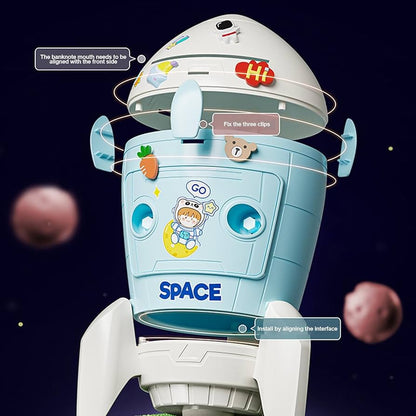 NIYO TOYS cardboard spaceship DIY piggy bank in blue for ages 3+ with fun clips and interactive design