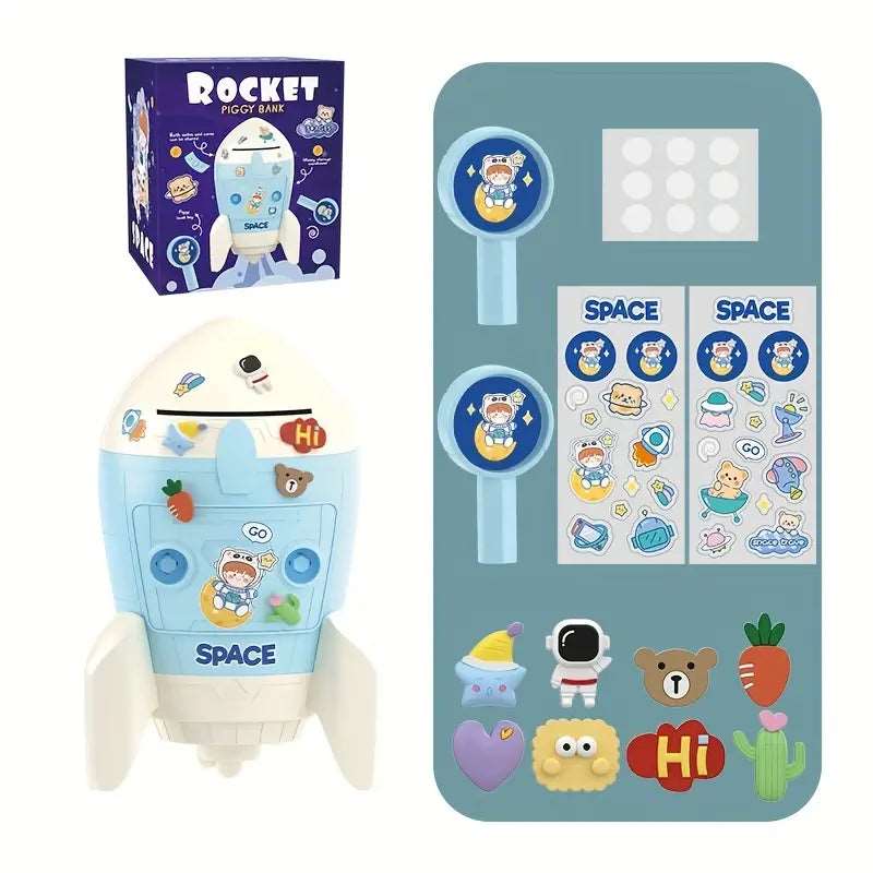 NIYO TOYS cardboard spaceship DIY piggy bank in blue with stickers, fun saving tool for kids age 4+