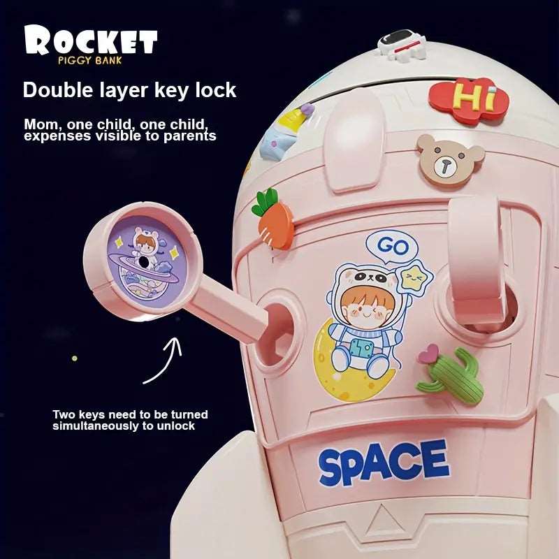 NIYO TOYS cardboard spaceship DIY piggy bank in pink with double layer key lock for kids age 3 and up