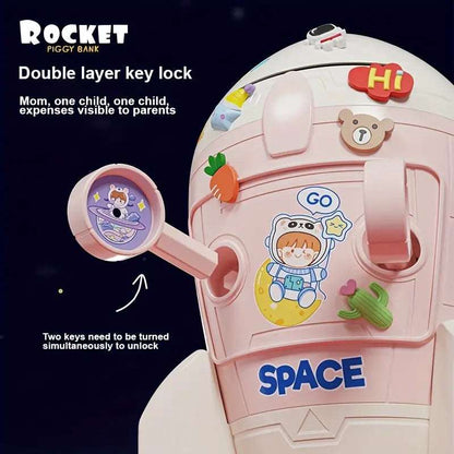 NIYO TOYS cardboard spaceship DIY piggy bank in pink with double layer key lock for kids age 3 and up
