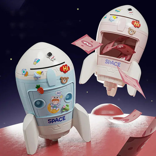 Colorful cardboard spaceship DIY piggy bank for kids, ages 3+, encourages saving money in a fun way