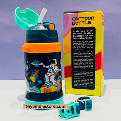 Colorful cartoon insulated drinking bottle with astronaut design, suitable for kids age 3+, perfect for hydration