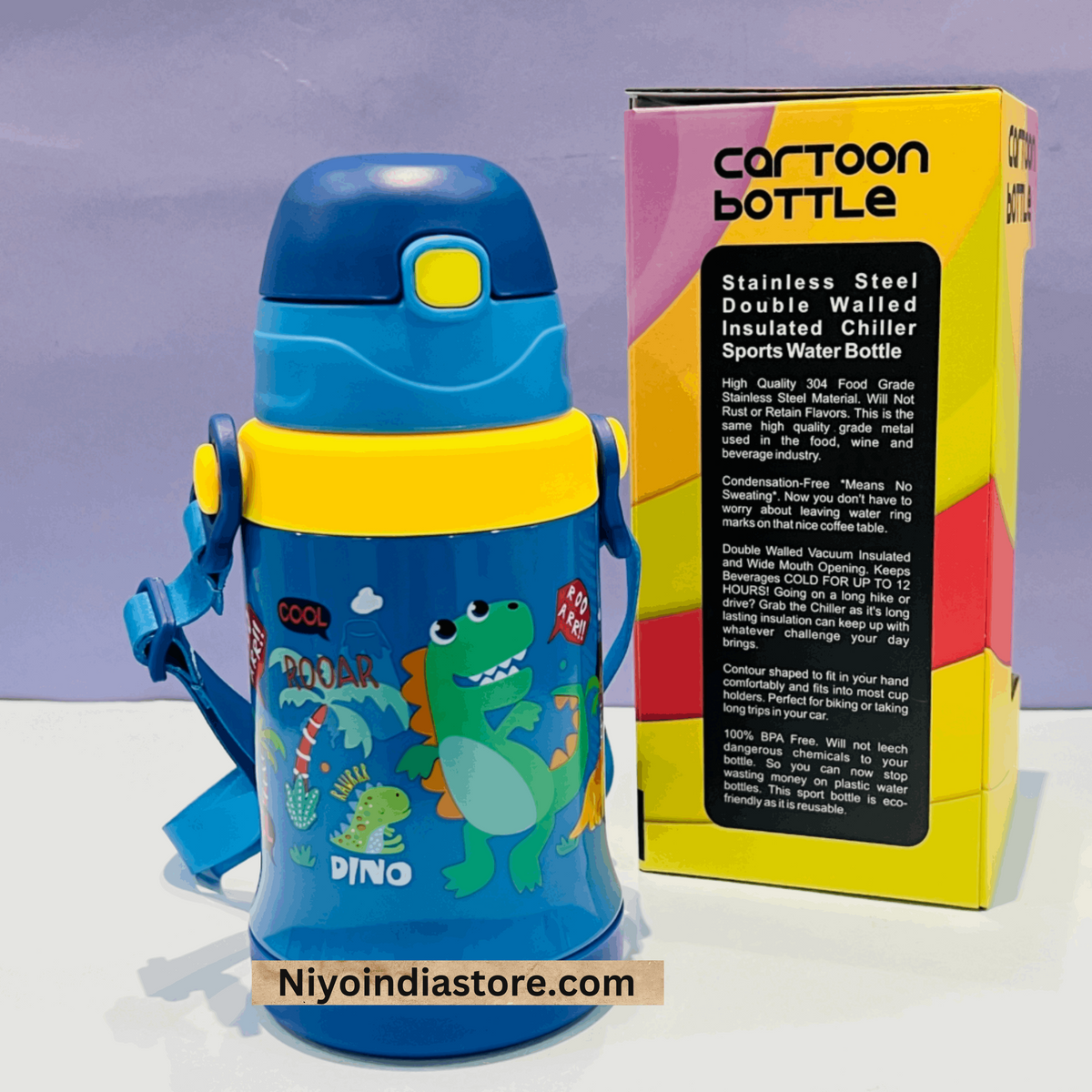 NIYO TOYS blue insulated drinking bottle with dinosaur design, perfect for kids and outdoor activities