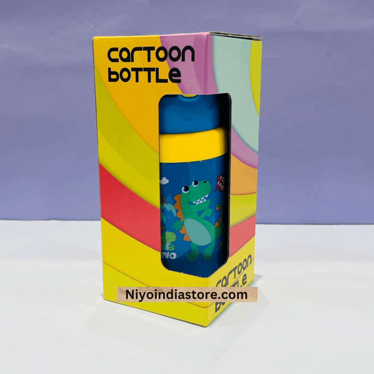 NIYO TOYS insulated drinking bottle in blue with dinosaur cartoon design, ideal for kids age 3+
