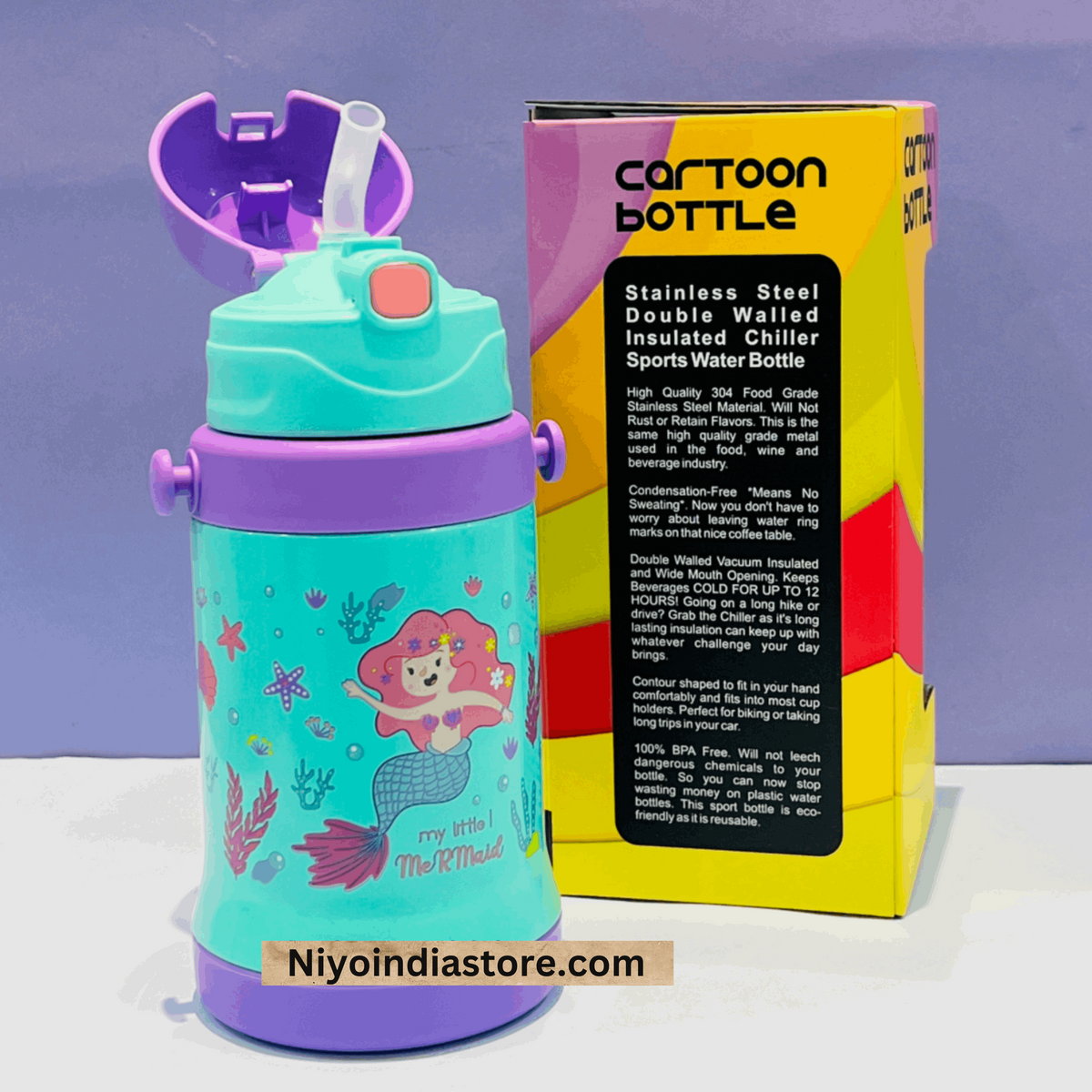 NIYO TOYS cartoon insulated drinking bottle in teal and purple for kids, perfect for sports and hydration