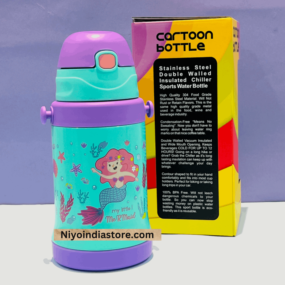 Purple and teal insulated drinking bottle featuring a mermaid design for kids, perfect for sports and outdoor use