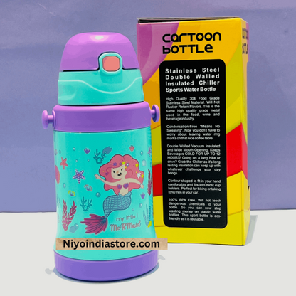 Purple and teal insulated drinking bottle featuring a mermaid design for kids, perfect for sports and outdoor use