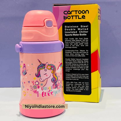 Pink unicorn insulated drinking bottle for kids, double-walled for temperature retention