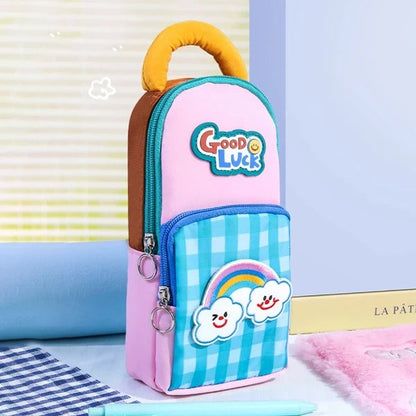 Cute cartoon pencil pouch in pink and blue, perfect for kids, ages 3 and up, adds fun to back to school supplies