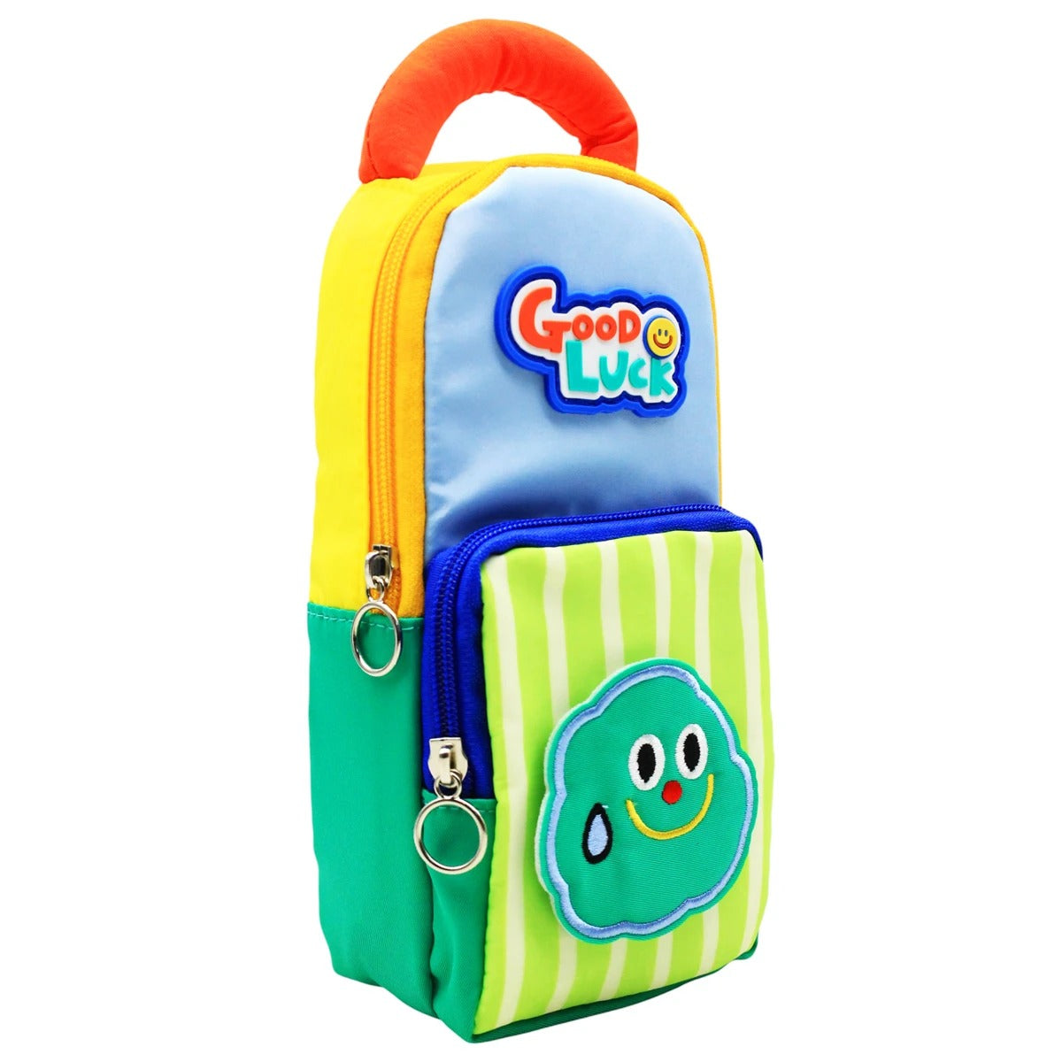 Brightly colored cartoon pencil pouch with smiling cloud design, ideal for school and ages 3 and up