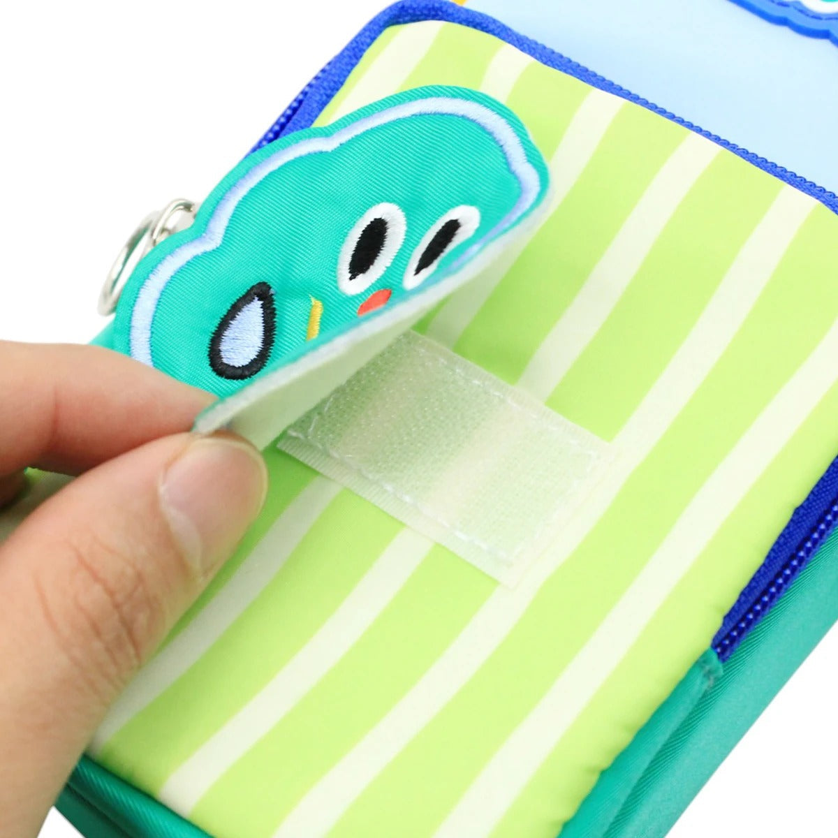 NIYO TOYS cartoon pencil pouch in green and blue, perfect for school use, age 6+