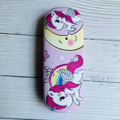 Pink unicorn case eyewear for ages 3 and up, featuring whimsical designs and colorful accents