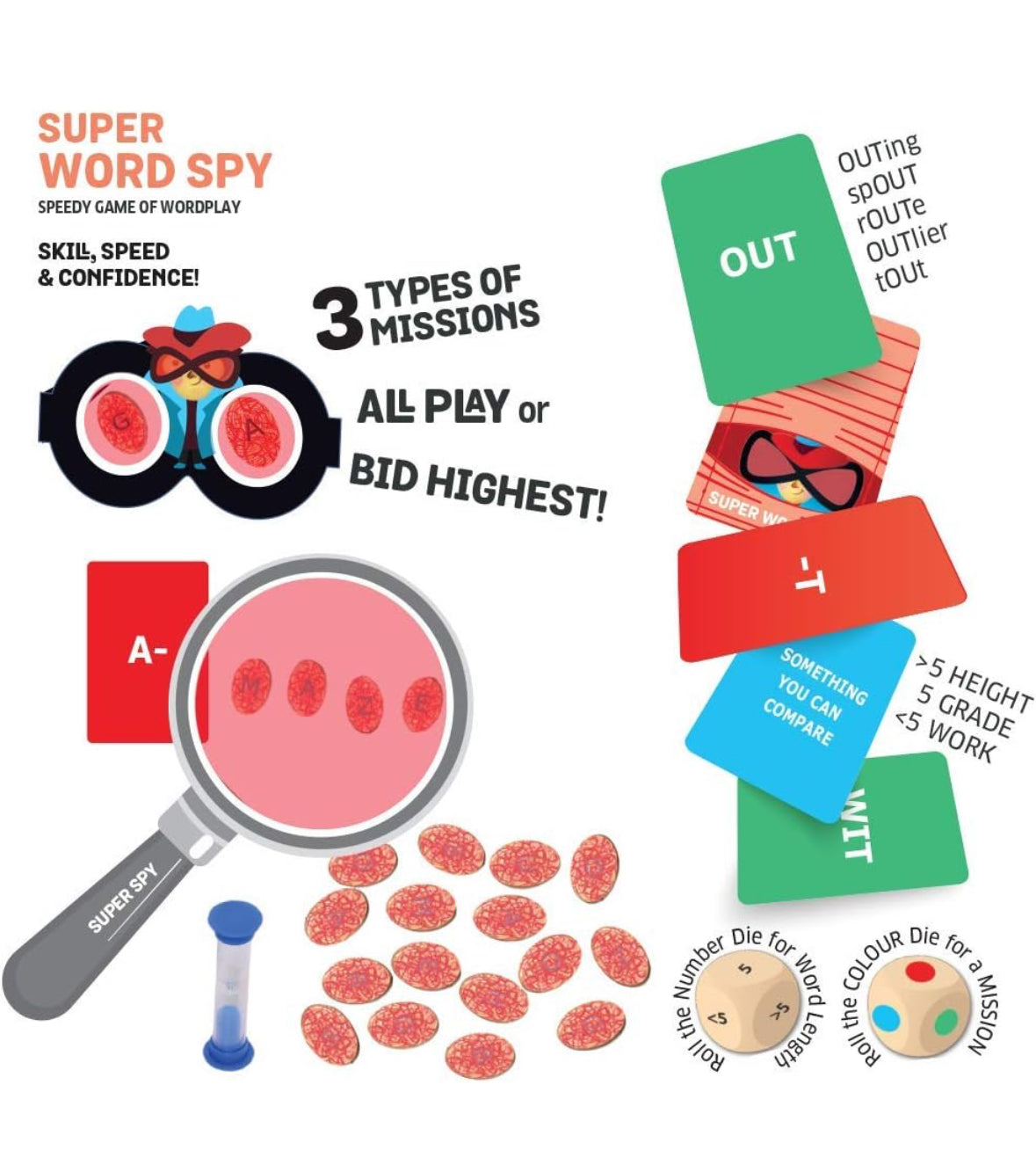 Super Word Spy game in colorful design, age 8+, encourages skill and speed with a cross word game free