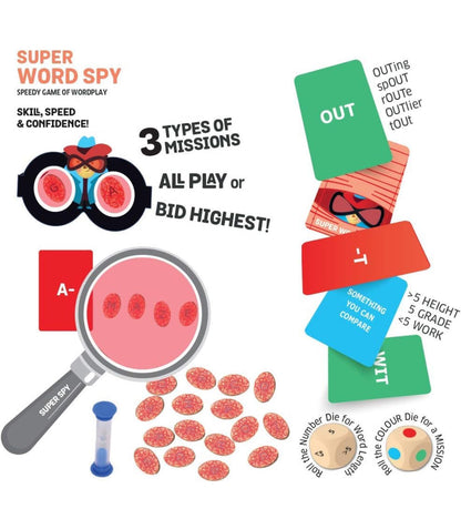 Super Word Spy game in colorful design, age 8+, encourages skill and speed with a cross word game free
