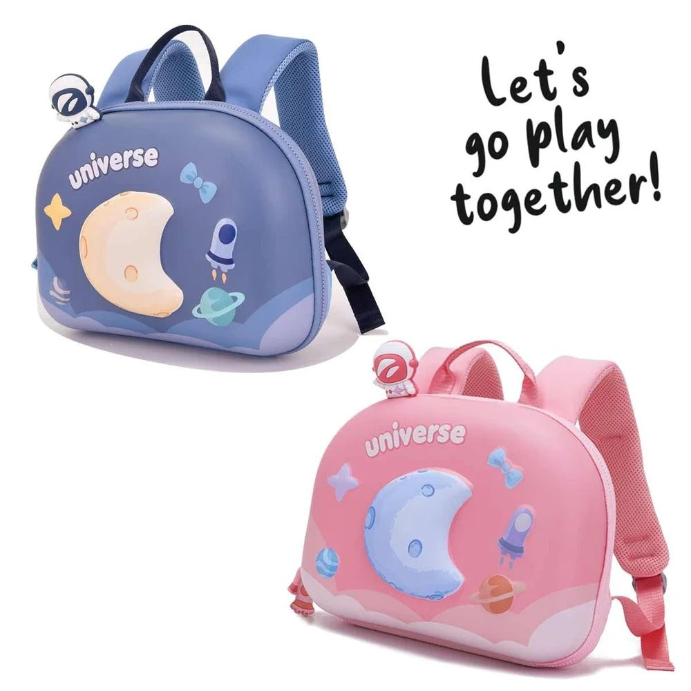 NIYO TOYS universe kids backpack in blue and pink with playful space planet design