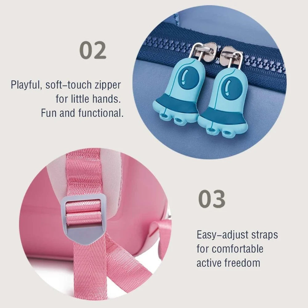 Close-up of NIYO TOYS universe kids backpack features playful zipper and easy-adjust straps