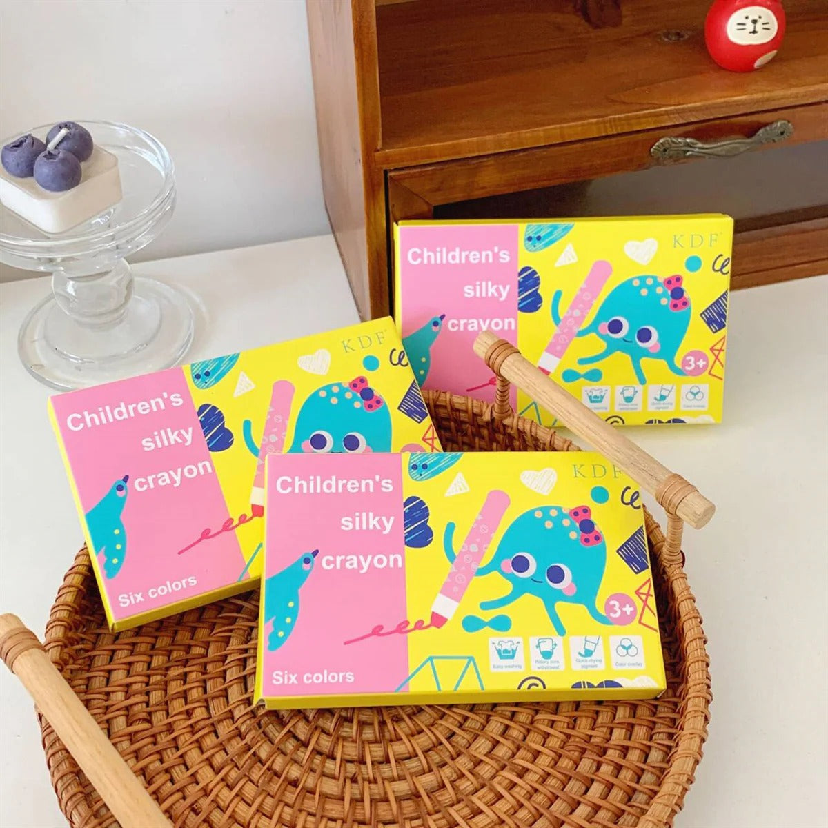 Children's silky crayons in six vibrant colors, ideal for kids ages 3 and up for creative play