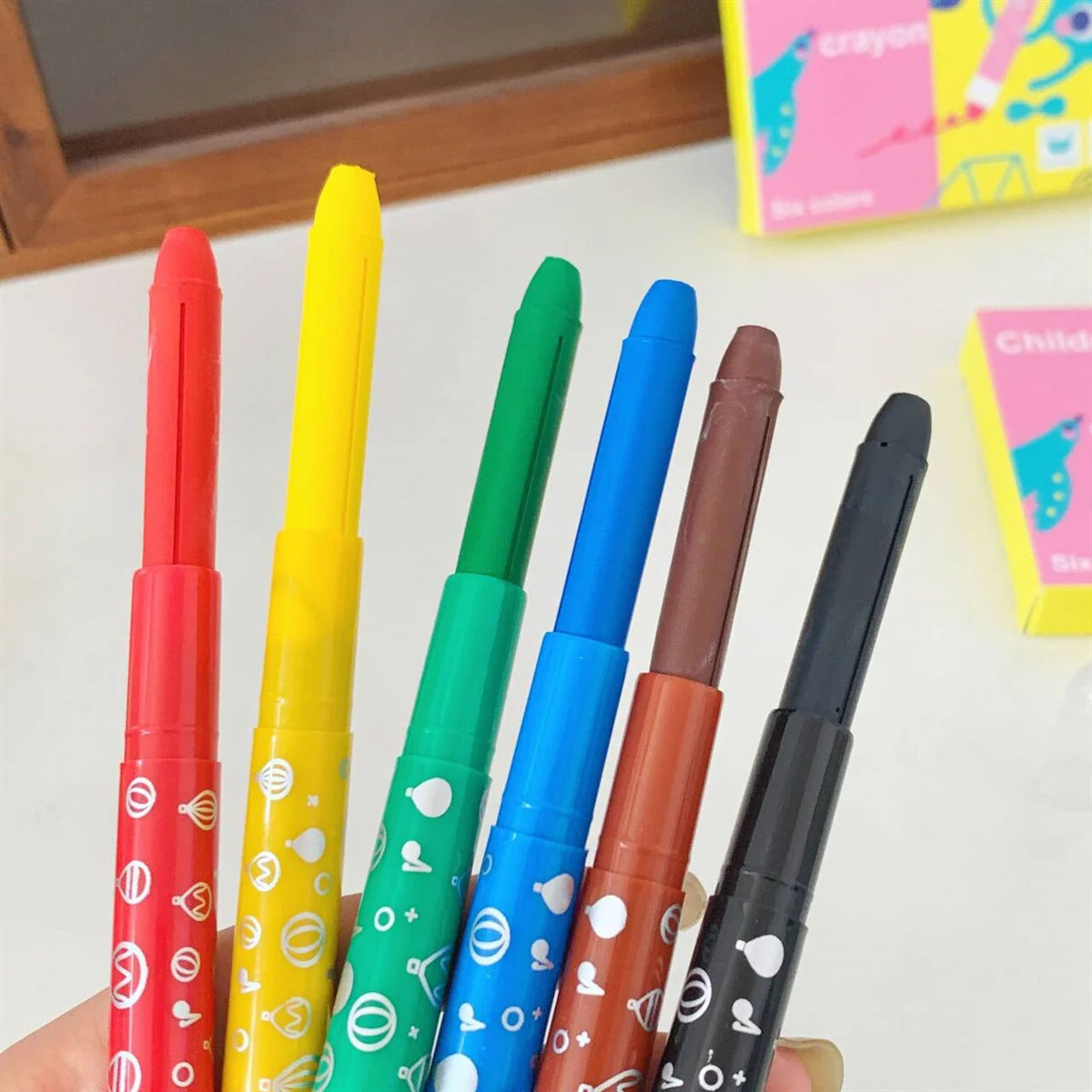 Set of silky crayons in red, yellow, green, blue, brown, and black for kids age 3+, perfect for drawing and coloring