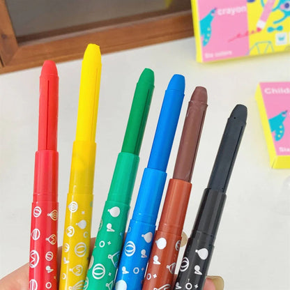 Set of silky crayons in red, yellow, green, blue, brown, and black for kids age 3+, perfect for drawing and coloring
