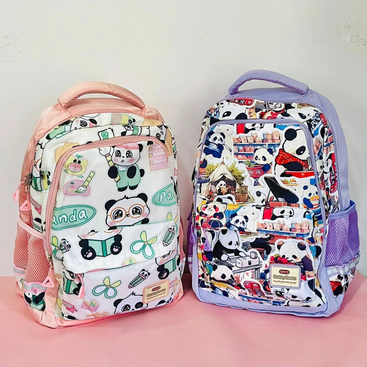 Panda backpack for kids in pink and purple, featuring playful panda designs for school and everyday use