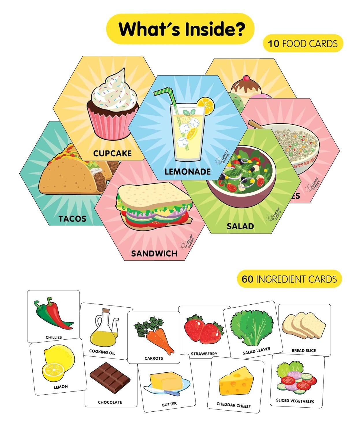 Colorful kids toy food set with 10 food cards and 60 ingredient cards for age 3+, air tight food storage containers