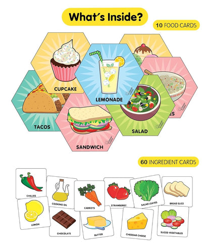 Colorful kids toy food set with 10 food cards and 60 ingredient cards for age 3+, air tight food storage containers
