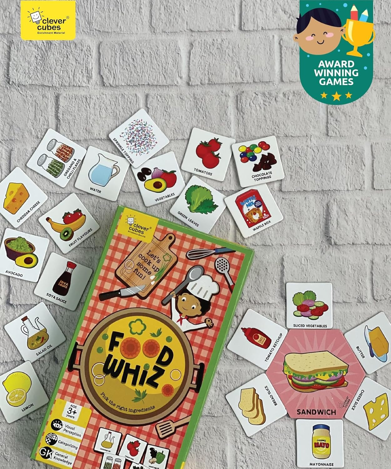 Food Whiz Game for Kids featuring colorful food cards, age 4+, perfect for learning about food with fun.