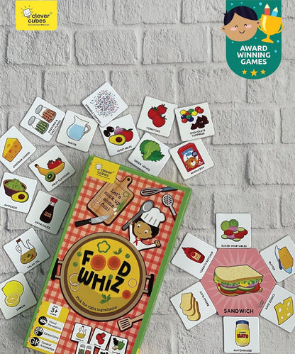 Food Whiz Game for Kids featuring colorful food cards, age 4+, perfect for learning about food with fun.