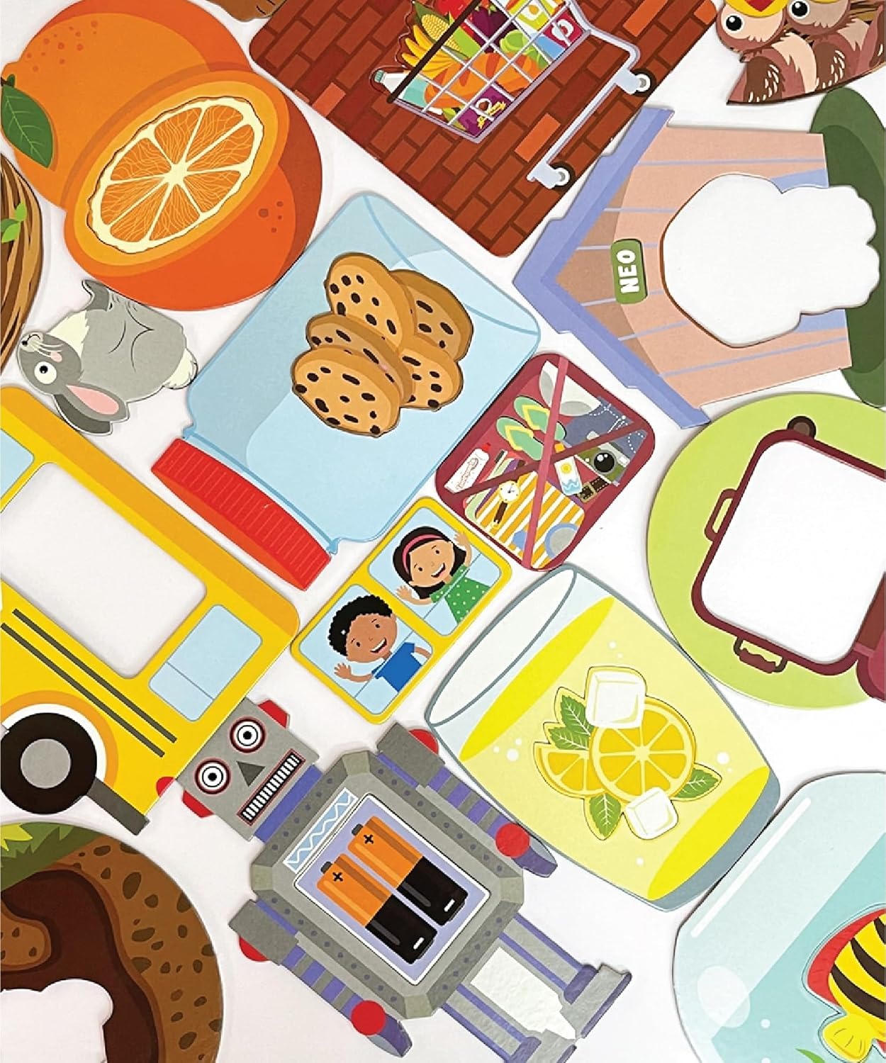 Colorful daily set puzzle featuring fruits, animals, and vehicles for children age 3 and up