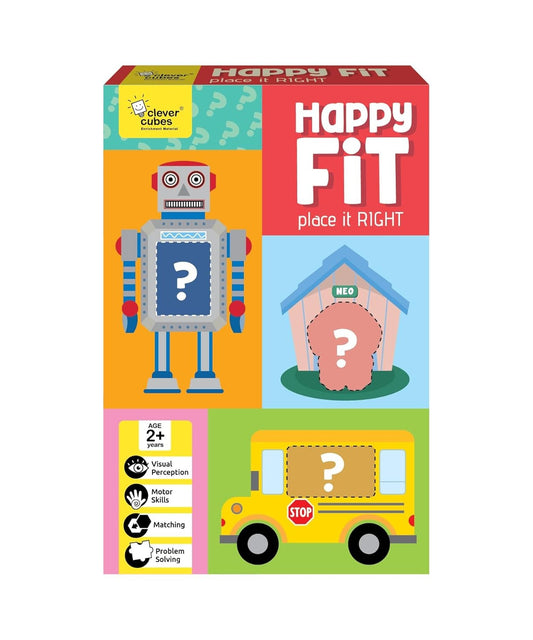 Happy Fit Daily Set Puzzle for age 2+, featuring colorful robot and vehicle shapes for visual perception