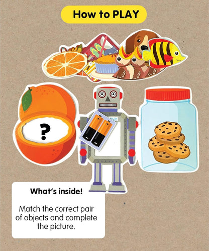 Colorful daily set puzzle featuring food items and a robot for children age 3 and up, promoting fun learning.