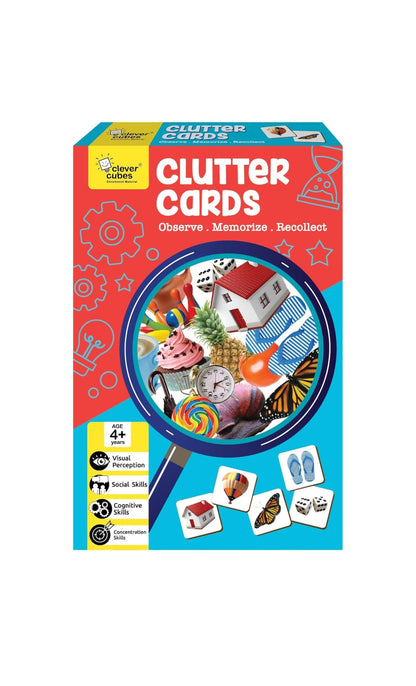 Clever Cubs Clutter Cards toy, colorful design for ages 4+, promotes memory skills and home storage and organization products