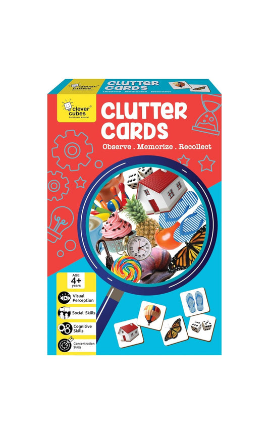 Clever Cubs Clutter Cards toy, colorful design for ages 4+, promotes memory skills and home storage and organization products