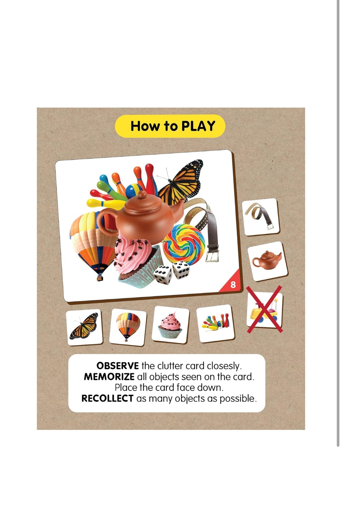 Colorful memory game cards featuring toys for ages 5+, promoting fun and home storage and organization products.