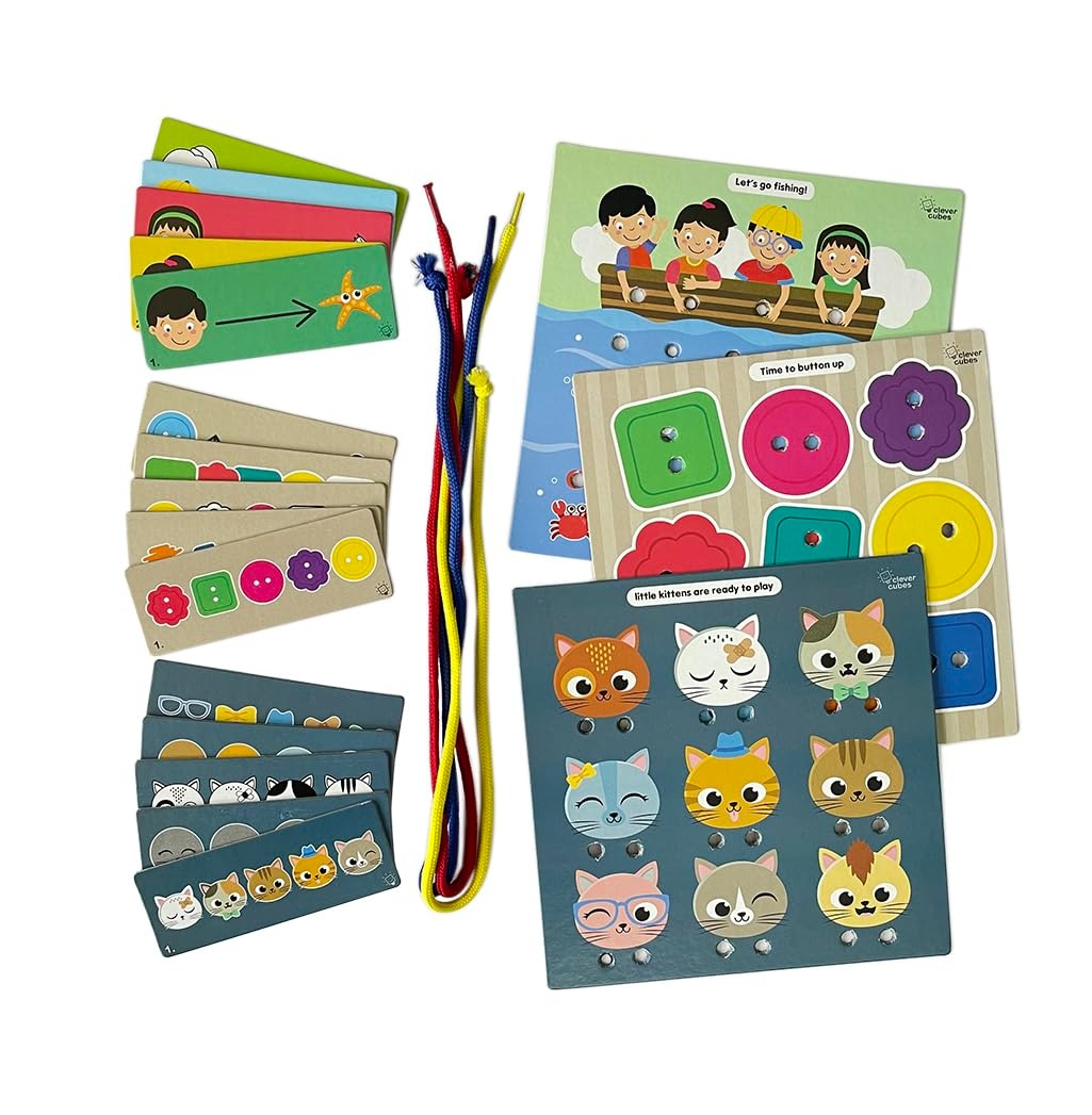 NIYO TOYS sewing kit with colorful activity cards and buttons, designed for children age 3 and up